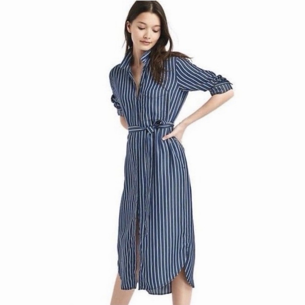 GAP Blue & White Striped Button Shirtdress Long Sleeve MIDI Dress XL Classic
